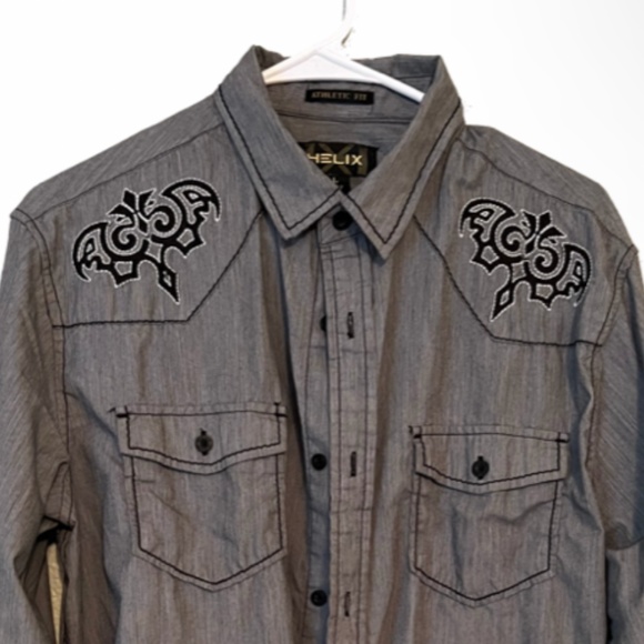 HELIX Mens LARGE long sleeve shirt, grey, with black stitching trimmed in white - Picture 1 of 4